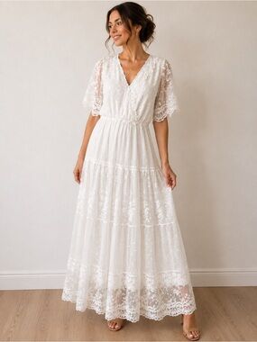 JJs House White Lace Maxi Dress with Flutter Sleeves